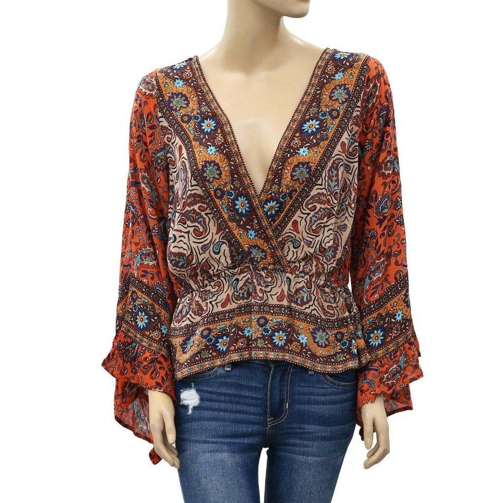 FREE PEOPLE MOCK WRAP TOP PAISLEY XL